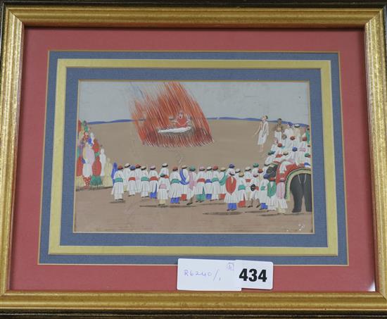 Set of 6 19th century Indian mica paintings depicting rituals and processions 13 x 20cm.